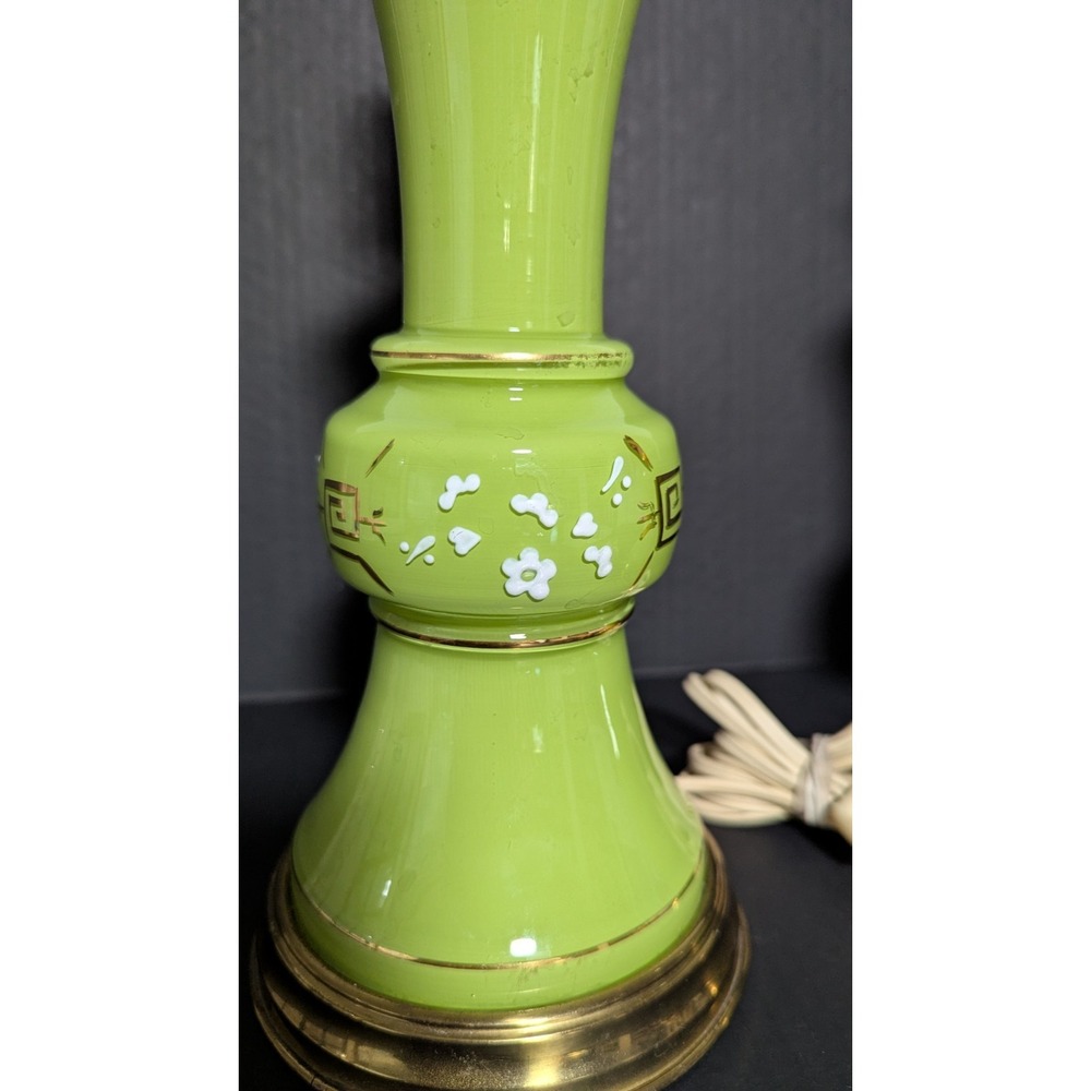 Vintage 1950's Working Pair of Hand Painted Green Glass & Brass Table Lamps - Picture 7 of 16